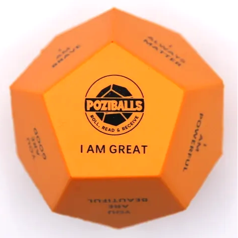 Orange Dodecahedron-shaped stress ball with 'Poziballs' branding and text in black letters on twelve sides