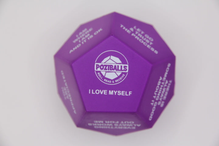 Purple Dodecahedron-shaped stress ball with 'Poziballs' branding and text in white letters on twelve sides