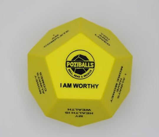 Yellow Dodecahedron-shaped stress ball with 'Poziballs' branding and text in black letters on twelve sides